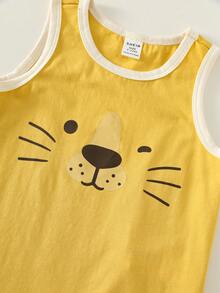 SHEIN Bộ áo liền quần 3 món in hình sư tử dễ thương cho bé sơ sinh, kiểu dáng thường ngày, không tay, thích hợp mặc trong nhà hoặc mùa hè. - Màu vàng - Xem 5