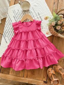 SHEIN Babygirl Cute Casual Loose Red Ruffle Trim Flutter Sleeve Dress - Hot Pink - View 3