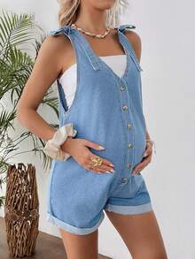 SHEIN Bộ áo liền quần denim thường ngày cho bà bầu - Rửa nhẹ - Xem 3