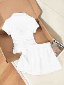 Everyssa Bộ đồ nữ in hình hiệp sĩ, gồm áo xếp ly và quần short, kiểu dáng thường ngày. - trắng - Xem 2