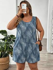 SHEIN LUNE Bộ jumpsuit nữ cỡ lớn kiểu dáng nghỉ hè, chất liệu giả denim kẻ sọc, cổ tròn, có túi, phù hợp cho du lịch, kỳ nghỉ, mùa hè và mặc hàng ngày. - Màu xanh lam - Xem 5