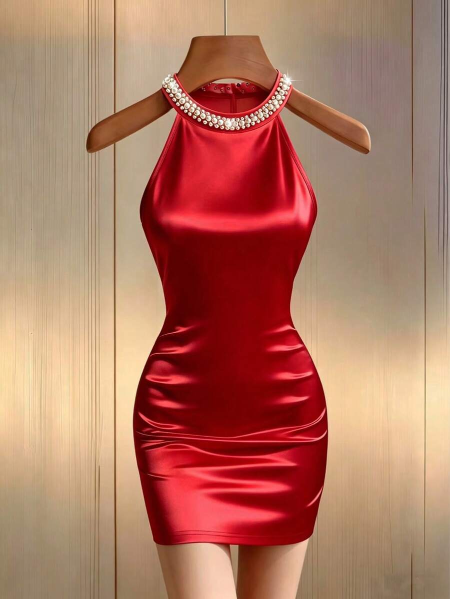 Franclia Robe sexy moulante à encolure ronde, ornée de perles, épaules dénudées, taille ajustée, en tricot satin, romantique pour les vacances et les déplacements, pour femmes - Rouge - Voir 1