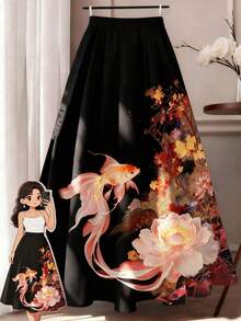 SHEIN CURVE+ Plus Size Women's Koi Fish Print Luxury Retro Commuter Elegant Banquet Skirt - Black - View 1
