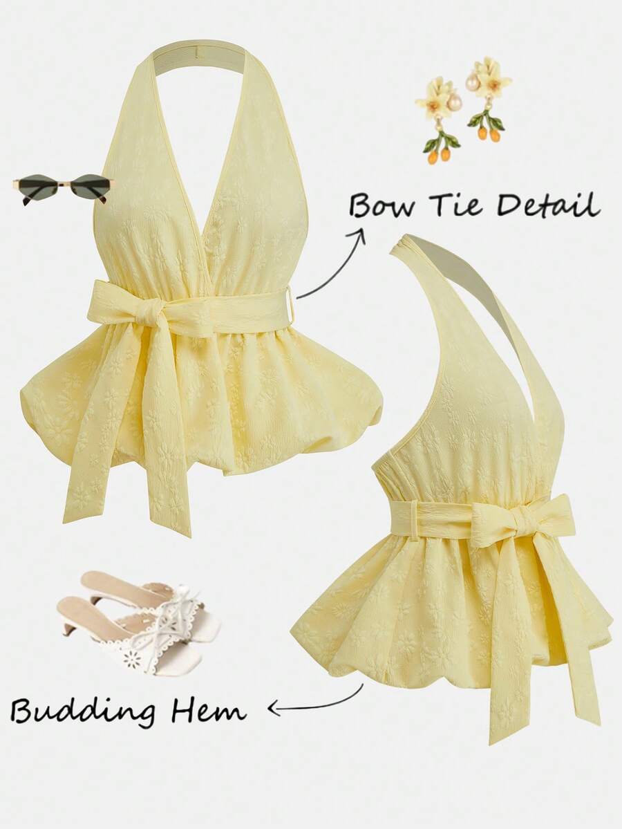 GlowEve 欧美女士梭织无弹力提花吊带收腰显瘦无袖褶皱上衣，黄色，优雅女士 - 彩色 - 查看 1