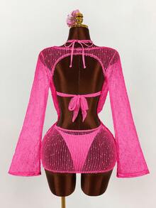 Amplova Bộ bikini hai mảnh gợi cảm dành cho nữ - gồm áo, quần và áo khoác ngoài. - Màu Hồng Tươi - Xem 2