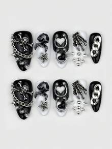 ROMWE 10 miếng móng giả phong cách Gothic Dark Punk, gồm hình dây xích đầu lâu, móng vuốt nhện, đinh tán tình yêu và một miếng băng dính hai mặt. - Đen và trắng - Xem 1