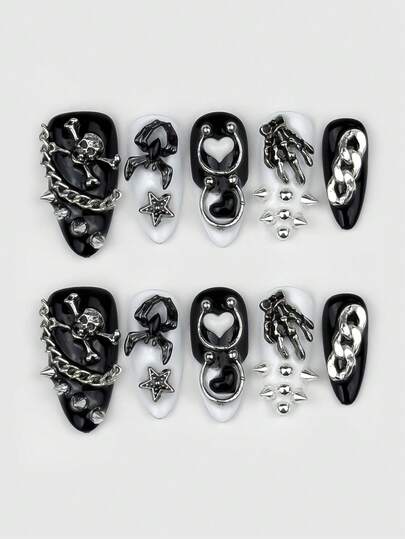 ROMWE Goth 10 件哥特暗黑朋克风美甲饰品，包括骷髅链、蜘蛛爪、铆钉元素假指甲片和一小块双面胶带