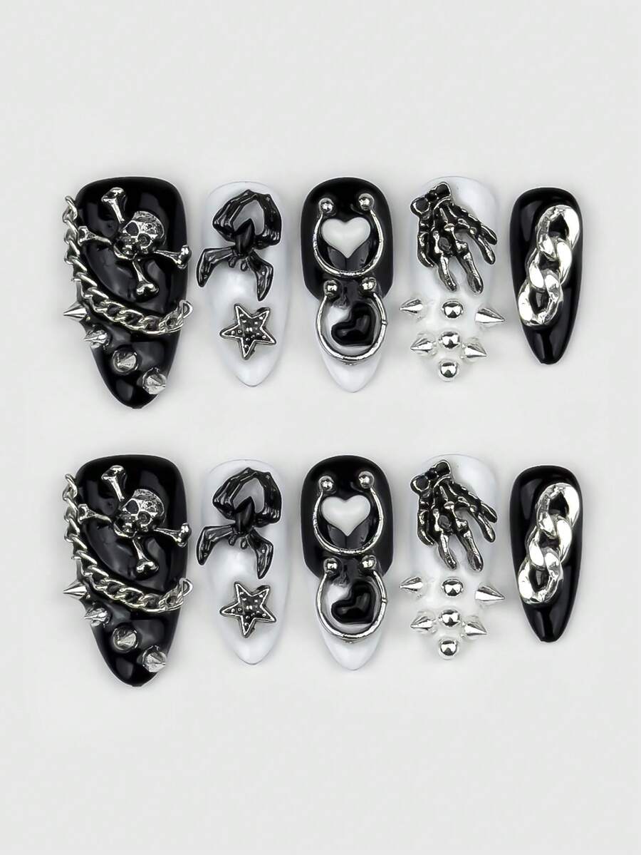 ROMWE 10 miếng móng giả phong cách Gothic Dark Punk, gồm hình dây xích đầu lâu, móng vuốt nhện, đinh tán tình yêu và một miếng băng dính hai mặt. - Đen và trắng - Xem 1
