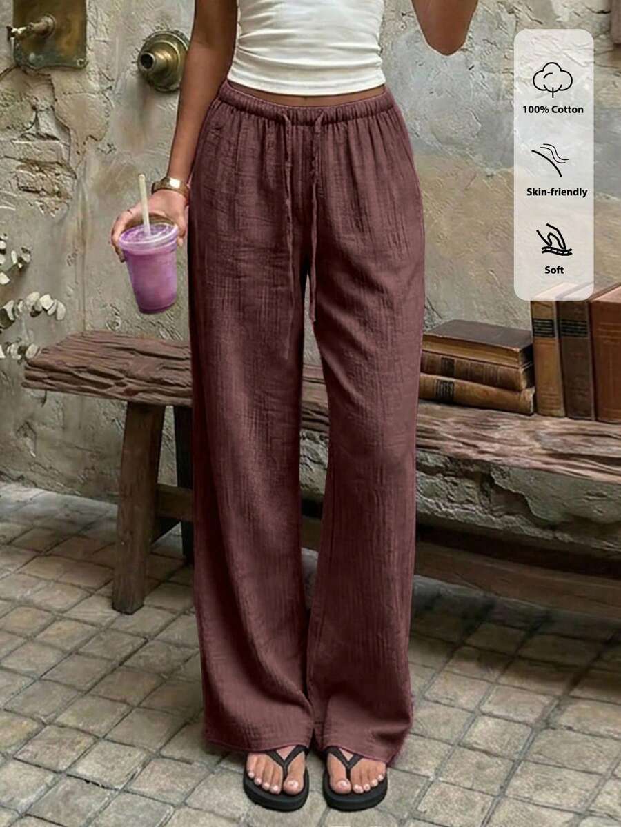 Flirla 1件装女士夏季100%纯棉褶皱纹理抽绳腰阔腿休闲裤,凉爽宽松版型,适合日常、居家、街头、度假穿着 - 酒紅色 - 查看 1