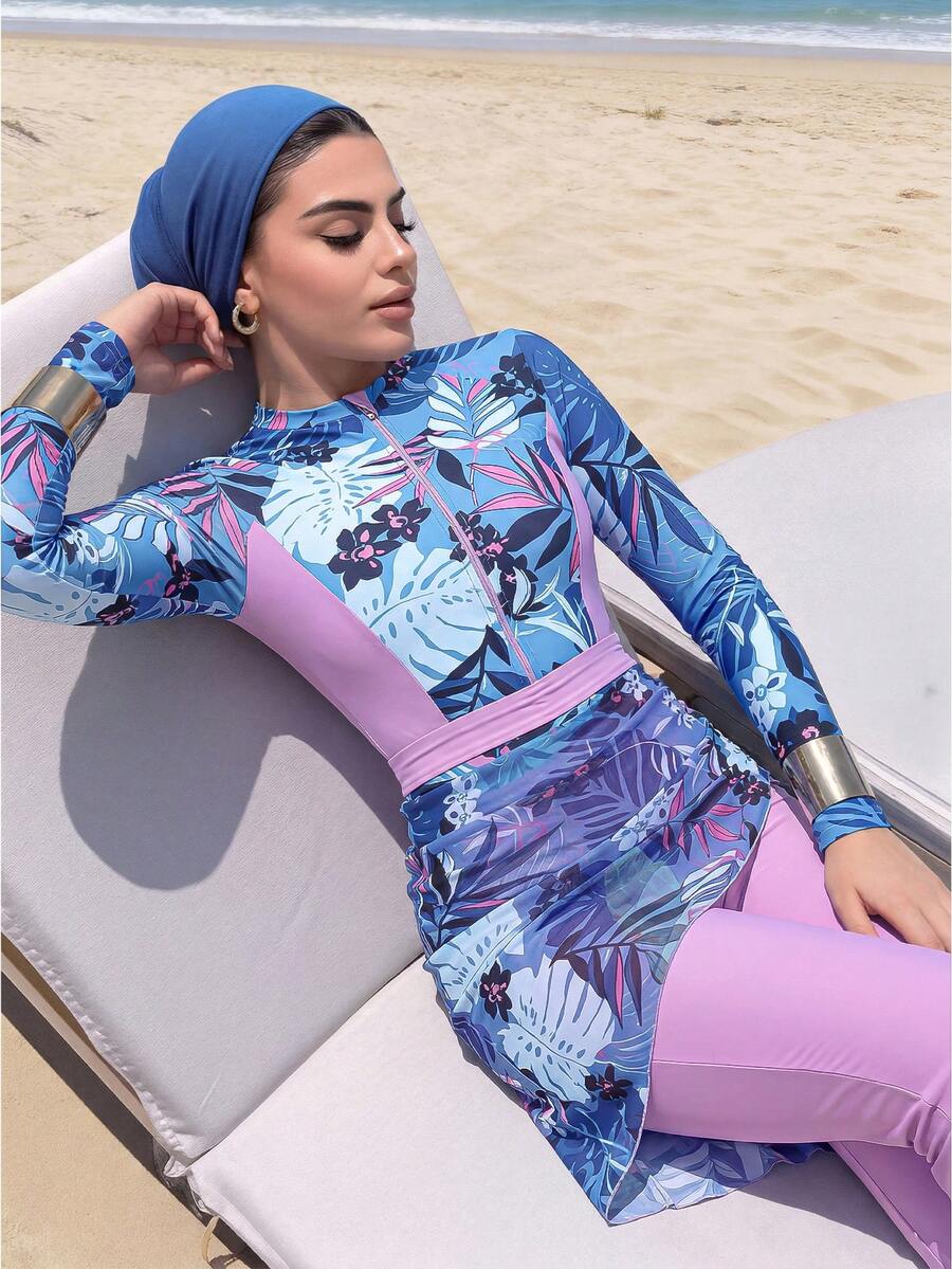 Veilorie Bộ bikini 3 món dành cho nữ, họa tiết lá ngẫu nhiên, kiểu dáng tối giản - Áo chống nắng dài tay cổ tròn, áo bơi buộc eo và váy che nắng mùa hè. - Màu xanh lam - Xem 1