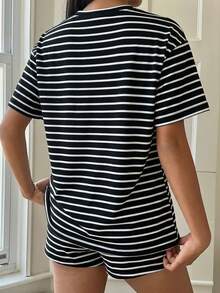 SHEIN EZwear 94% Cotton Striped Casual 2 Pieces Set, Black & White Stripes, Summer - Multicolor - View 2