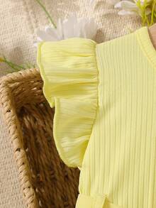 Souflis Souflis Vestido de Verão com Babados, Mangas Curtas e Cinto para Meninas Bebê, em Tecido de Tule Bordado Amarelo Claro Elegante e Doce, Combinado com Malha Canelada, Adequado para Uso Casual, Férias, Eventos Elegantes, Encontros, Visual Fofo - Amarelo - Visão 7