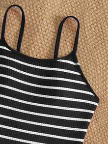 SHEIN Tween Girls Striped Wavy Knit Fabric One-Piece Swimsuit, Suitable For Summer Vacation & Beach - Black and White - View 3