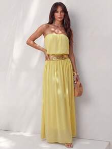 SHEIN Glamour 女士优雅派对礼服，黄色雪纺面料，饰以串珠拼接，派对服饰 - 黃色 - 查看 6
