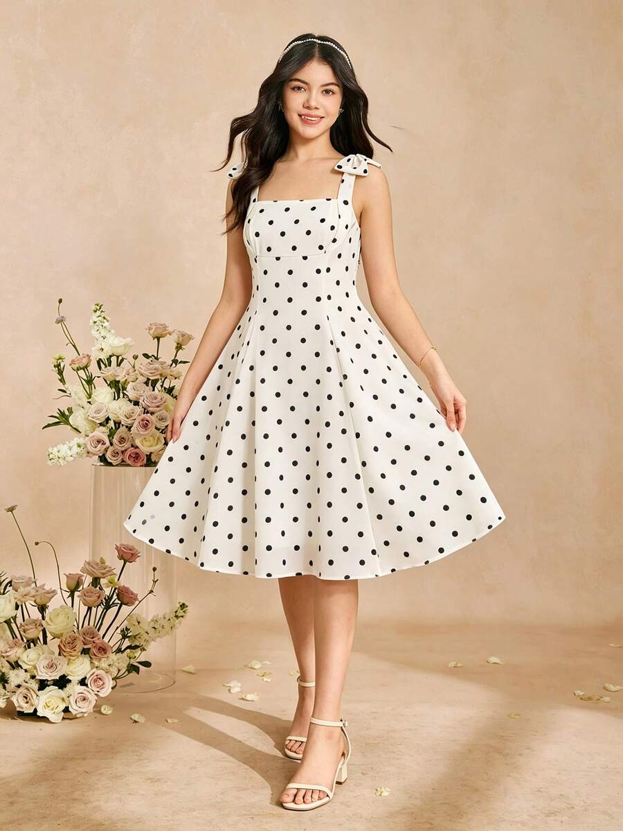 SHEIN 女童波点连衣裙，杏色底黑色波点，优雅时尚，甜美可爱，适合女孩，春夏皆宜，毕业季、婚礼季、母亲节、日常穿着，各种场合皆可穿着。 - 米色 - 查看 1