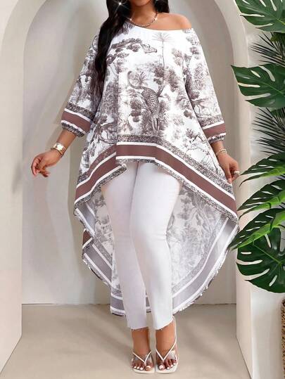 SHEIN Lady Áo sơ mi cỡ lớn dáng rộng, vạt bất đối xứng, in họa tiết toàn thân, trang phục mùa hè cỡ lớn mới nhất dành cho nữ, trang phục cỡ lớn cho nữ, bộ đồ hai mảnh mùa hè cỡ lớn cho nữ.