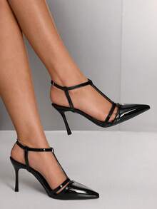 CUCCOO SZL Scarpe con tacco alto da donna, stile classico a punta in pelle verniciata, con cinturino sulla schiena, adatte per eventi serali e feste, dal design semplice e sexy - nero - Visualizzare 1