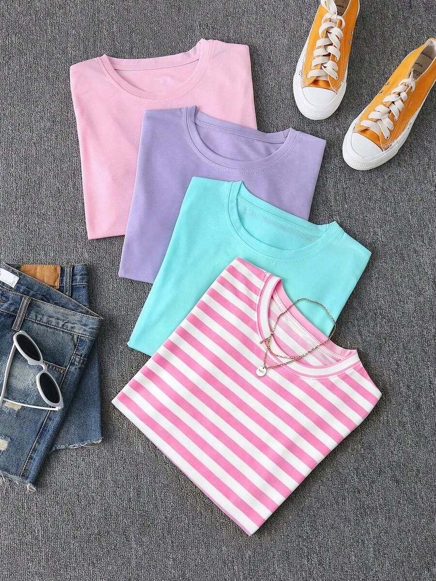 SHEIN Unity 4件套女士休闲圆领短袖T恤，夏季日常穿着 - 彩色 - 查看 1