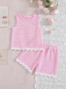 SHEIN Elladie kids 2 Stück/Set Gestreiftes Waffelpullunder Top mit Rüschensaum + Shorts mit Gummibund für Kleine Mädchen, lässiger, süßer, einfacher Outfit, geeignet für Ausflüge, Spaziergänge und verschiedene Sommergelegenheiten - Pink - Übersicht 4