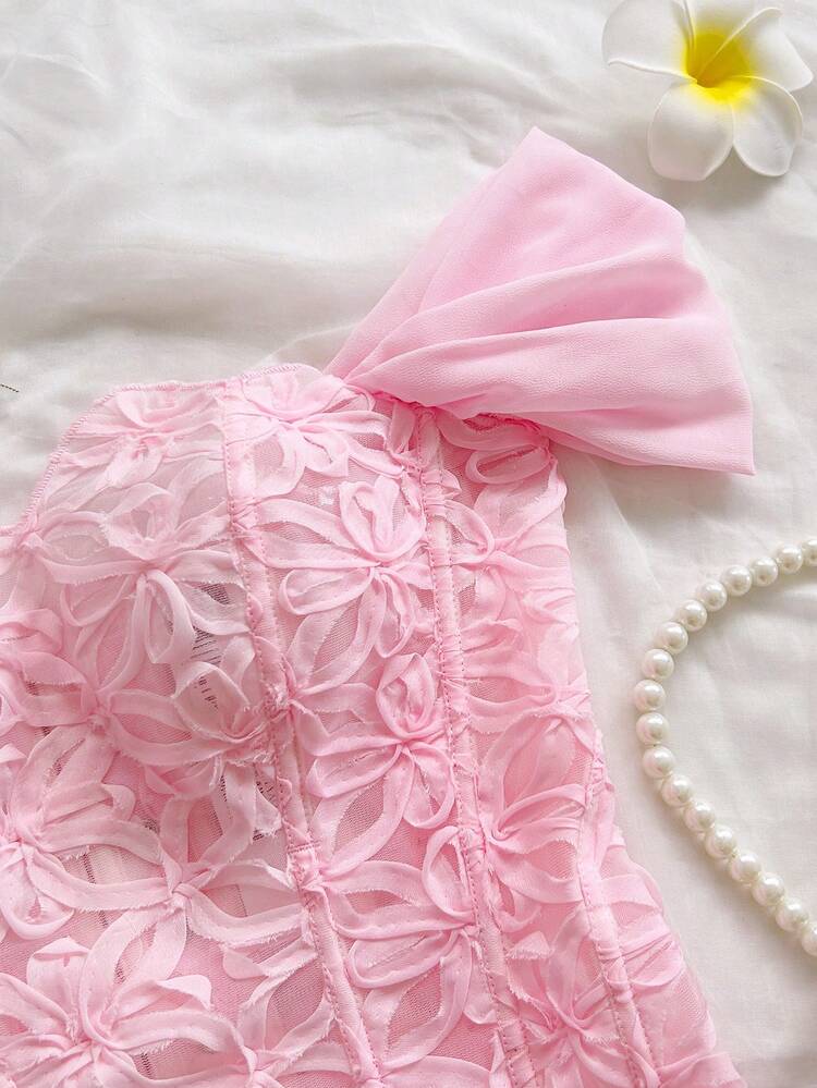 Soleia Top corset ajustado con encaje de doble capa y hombros descubiertos, estilo sexy europeo y americano, body bordado hueco, conjunto de ropa de club nocturno blanco Ins para mujer, para salir, vestido de invitada de boda, otoño - Rosa - Añade 6