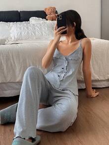 Napfluff Bộ đồ ngủ hai dây kiểu dáng châu Âu và Mỹ gợi cảm, hở lưng, cổ chữ V, viền bèo nhún. - Màu Xám nhạt - Xem 4