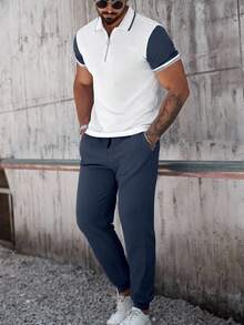 Manfinity Homme 男士撞色短袖Polo衫和口袋休闲裤套装，适合通勤和外出穿着 - 藏蓝色 - 查看 4