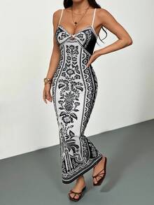 SHEIN PETITE Đầm dài mùa hè dành cho nữ, phong cách boho nhiệt đới, họa tiết hoa, dây mảnh, kiểu dáng thoải mái, chất liệu dệt kim, thích hợp cho kỳ nghỉ. - Đen và trắng - Xem 5