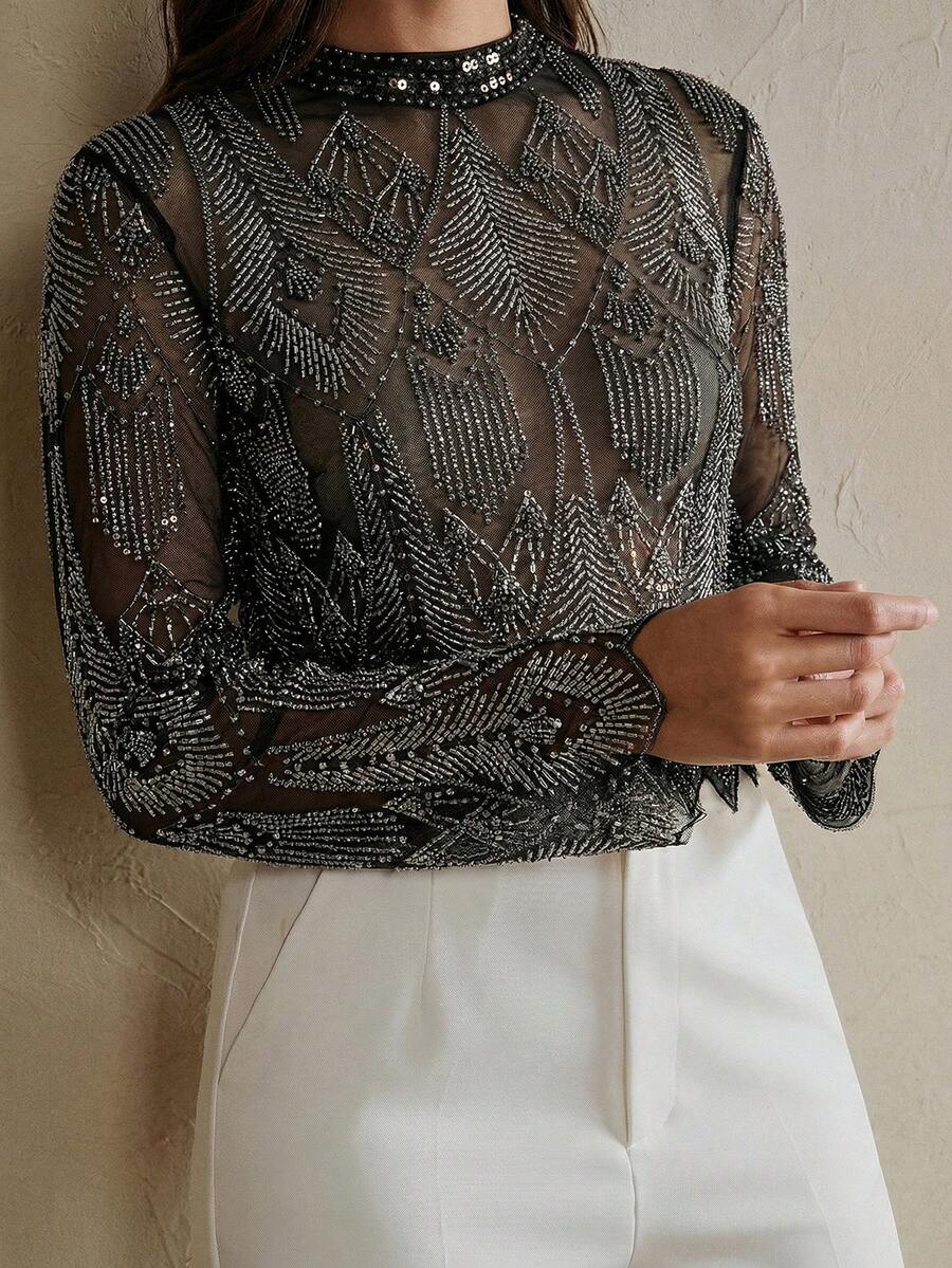 Anewsta 女款新款時尚現代風刺繡串珠派對雞尾酒長袖上衣,海灘度假重工串珠圖案奢華襯衫 - 黑色 - 查看 1
