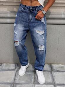 Manfinity Homme Men's Distressed Pocket Zipper Casual Loose Washed Denim Jeans - Dark Wash - View 6
