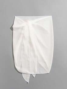 Women Solid Color Side Tied Chiffon Sarong Skirt, Summer - White - View 2