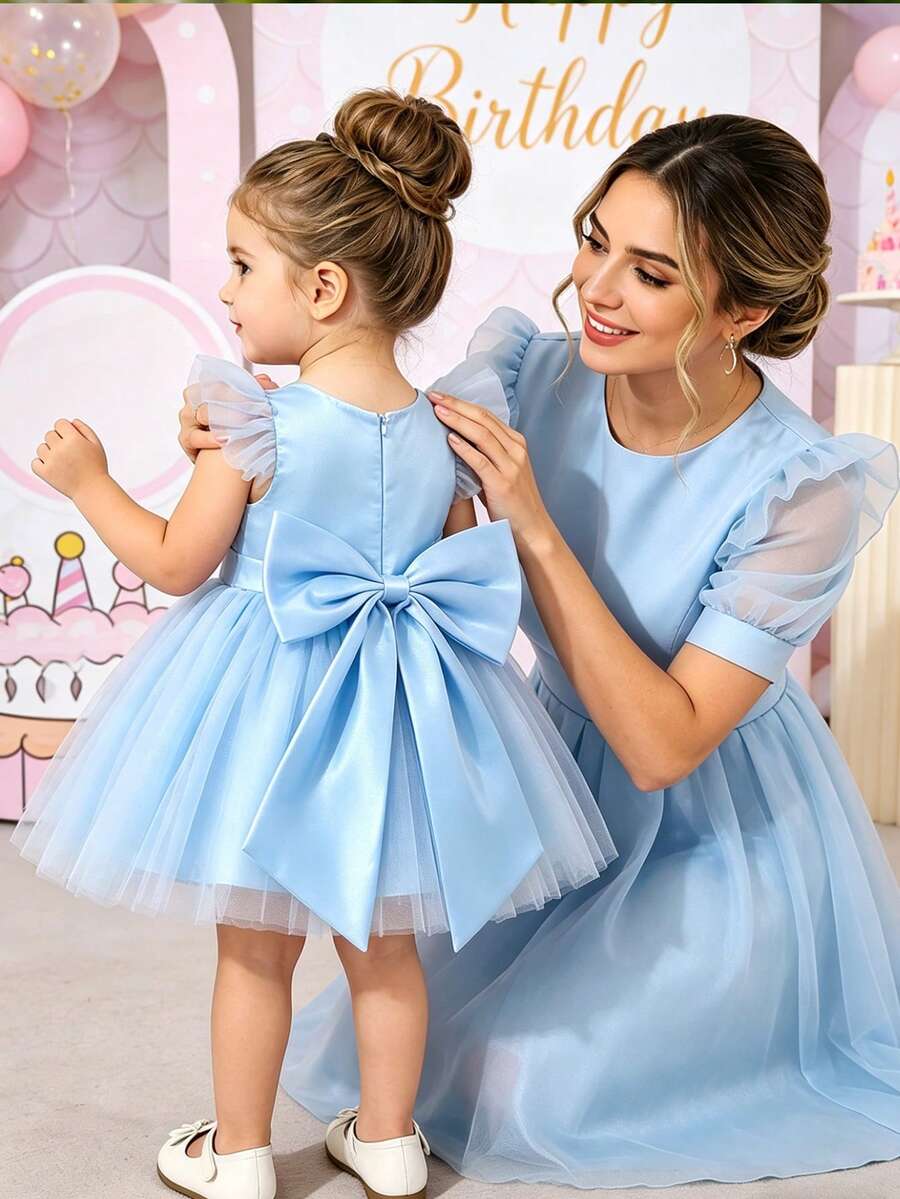 SHEIN Glamorique Kids Elegant Sky Blue Summer Flower Girl Dress,Young Girls Floral Mesh A-Line Tutu Princess Birthday Party Gown,Kids Formal Tulle Flower Applique Dress - White - View 1