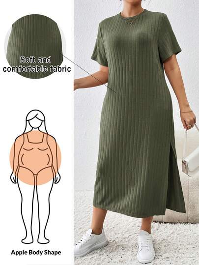 SHEIN Essnce Women's Plus Size Casual Loose Ribbed Short Sleeve Split Dress, Spring/Summer
