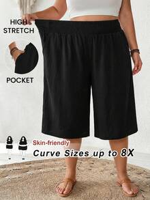 SHEIN CURVE+ 大码女式夏季休闲宽松舒适黑色100%纯棉阔腿短裤，女士下装，简约风格，宽松长裤，适合休闲和度假穿着 - 黑色 - 查看 2