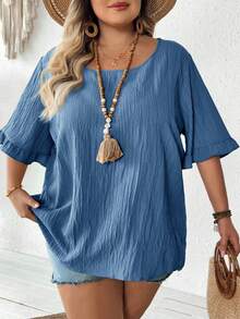 SHEIN CURVE+ Damen Große Größen Khaki Bluse, Rüschen Kurzarm Locker Saum Lässig Urlaubskleid, Strandoutfit für Frauen/Strandkleid/Strandurlaub Outfits/Strandutensilien/Abschlussfeier/Tea Party Kleid, Sommer/Land/Strandurlaub Outfits/Strandoutfits/Strandmode - Königsblau - Übersicht 7