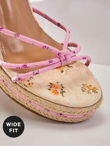 SHUZIA 宽楦女士优雅可爱印花踝带坡跟草编鞋 - 粉色 - 查看 4