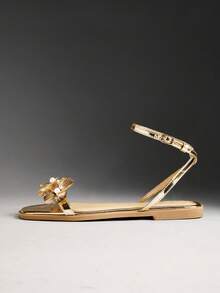Solezae Sandal đế bằng quai ngang mắt cá chân họa tiết hoa, thời trang và thoải mái dành cho nữ. - Vàng - Xem 4