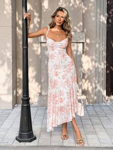 SHEIN PariChic Robe française d'ambiance douce , Base crème abricot avec imprimé floral jaune , Robe longue moulante affinante à la taille , Robe de vacances à drapé soyeux - Rose bonbon - Voir 3