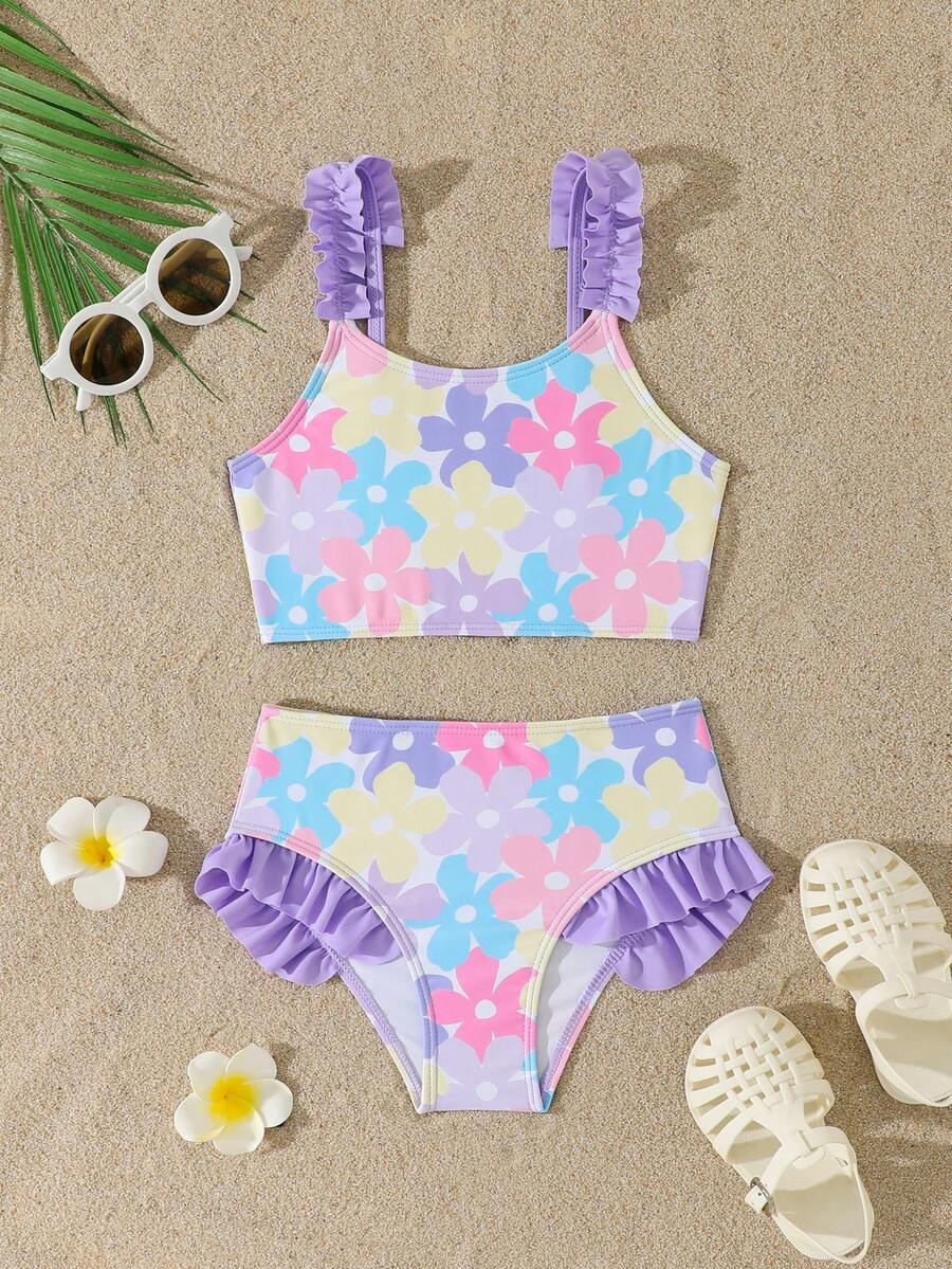 SHEIN Bộ bikini in hoa cho bé gái, có dây đeo vai và viền bèo nhún, bộ đồ bơi 2 mảnh, thích hợp cho bơi lội, kỳ nghỉ hè, bãi biển, hồ bơi, tiệc tùng. Bộ đồ bơi hoa cho bé gái, bộ bikini cho bé gái, đồ bơi cho bé gái, đồ bơi cho bé gái. - Màu tím - Xem 1