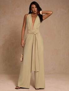 SHEIN Glamour 女士纯色深V领褶皱休闲连体裤 - 卡其色 - 查看 6