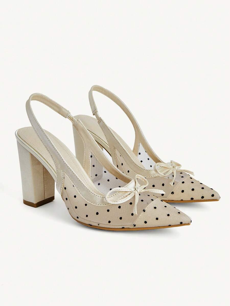 CUCCOO CHICEST Giày nữ cao gót chấm bi Pháp thắt nơ màu nude mũi nhọn đế dày - Màu be - Xem 1