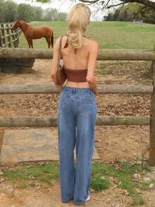 Sydney Algeri 女士口袋宽松阔腿休闲百搭牛仔裤 - 淺色水洗藍 - 查看 2