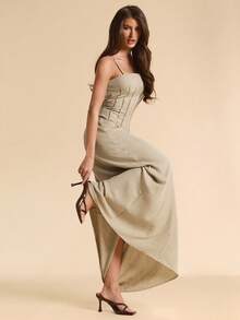 SHEIN BAE 杏色梭织纯色极简时尚吊带V领A字连衣裙，优雅极简连衣裙，休闲连衣裙，派对连衣裙，正式场合连衣裙 - 杏色 - 查看 6