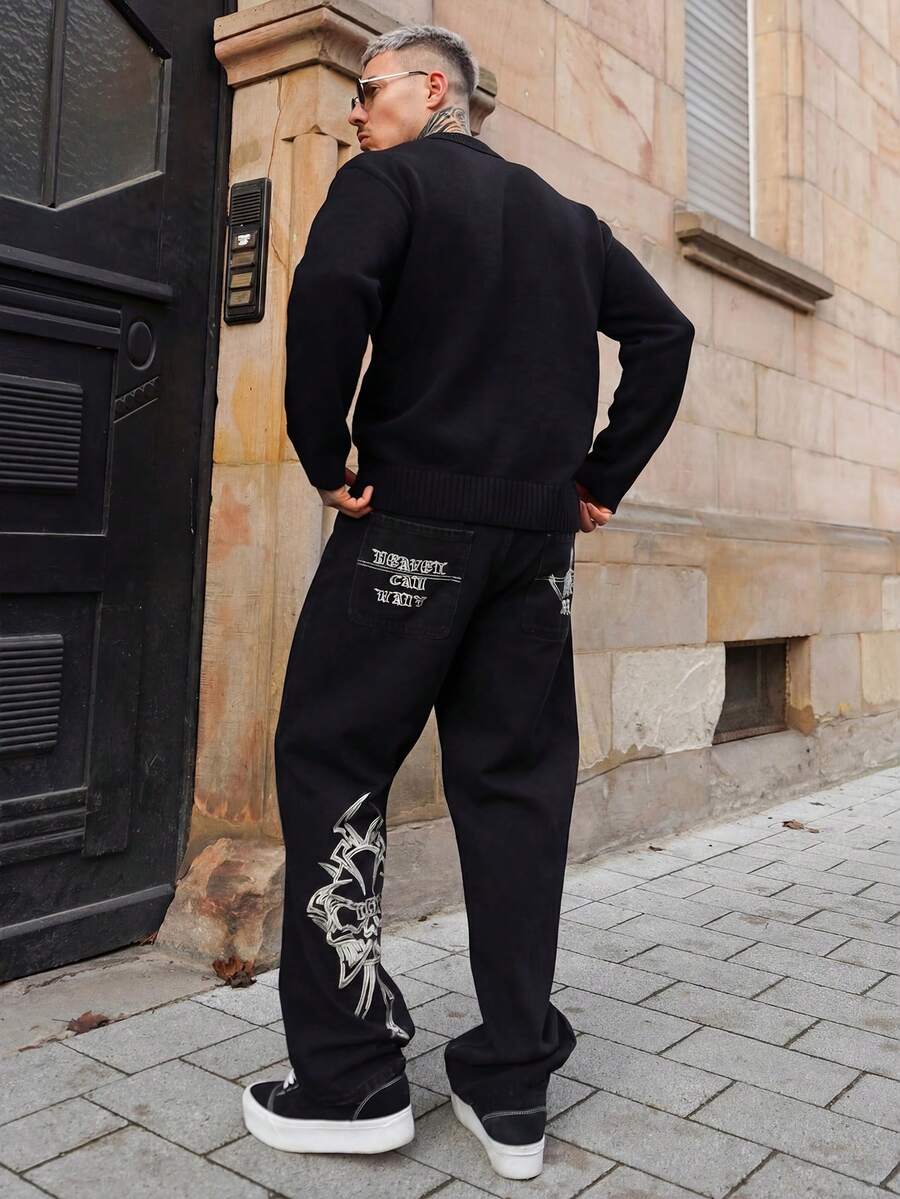 Artur Kramer Men's Personalized American Retro Straight-Leg Jeans, Emo Style, Grunge - Black - View 1