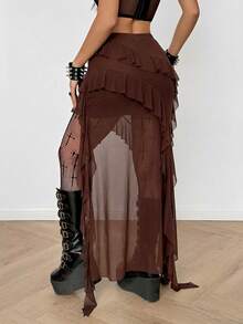 Coolane 女士春冬哥特风Y2K演唱会街头风度假波西米亚Y2K乡村演唱会辣妹蕾丝不对称荷叶边流苏黑色低腰长裙 - 棕色 - 查看 2