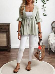 EMERY ROSE Plus Size Casual Drawstring Waist Denim Jacket - Green - View 5