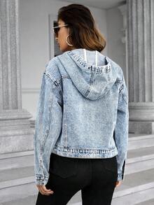 SHEIN Frenchy Plus Size Drop Shoulder Long Sleeve Hooded Drawstring Casual Fashion Versatile Denim Jacket - Blue - View 2