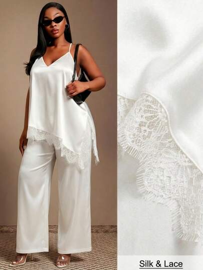 SHEIN SXY 白色缎面无袖吊带背心，撞色蕾丝饰边，不对称下摆，单侧开衩，宽松长款背心搭配高腰弹力宽松长裤，两件套。春夏休闲度假波西米亚风优雅套装，适合日常穿着、音乐节、演唱会、狂欢派对、海滩度假、约会之夜、生日派对、单身派对、夜店、休闲、购物、街头风、外出等场合，易于搭配，显瘦，凸显身材，修饰身形。