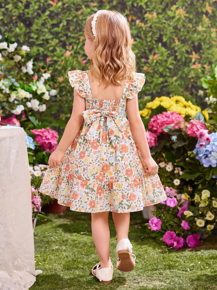 女童碎花束腰连衣裙，露背镂空蝴蝶结设计，休闲日常、复活节、百搭场合、外出、派对，可与姐妹装搭配 - 彩色 - 查看 1