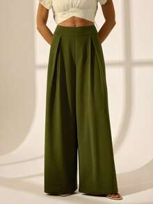 SHEIN Tall Quần ống rộng màu trơn tối giản, thời trang công sở, phù hợp cho nữ giới, đi làm. - xanh quân đội - Xem 7