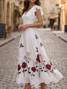 Balvessa Women's V-Neck Ruffle Sleeve Floral Print Waist Slimming Dress - White - View 4